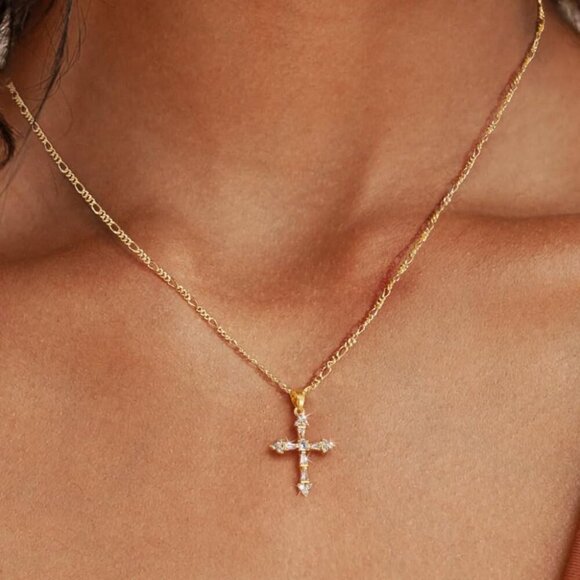Women's Double 14K Plated Pendant Dainty Gold Trendy Charm Cross Choker Necklace - Picture 2 of 6